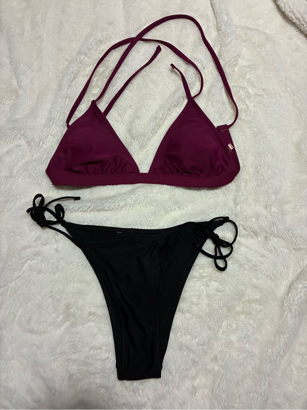 Adjustable Burgundy Triangle Bikini Top & Black Tie-Side Bottom